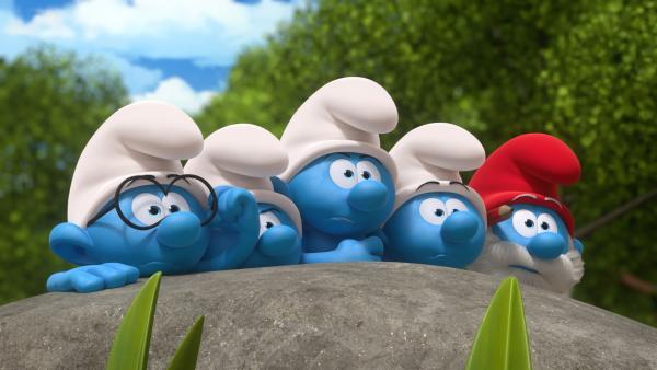 Bild 1 von 4: Die Schlümpfe verstecken sich vor Windelwickler und entwickeln einen Rettungsplan für Baby.© KiKA/Peyo Productions, Dupuis Édition & Audiovisuell 2020 - Honorarfreie Verwendung gemäß AGB im redaktionellen Zusammenhang mit genannter Sendung bei Nennung \