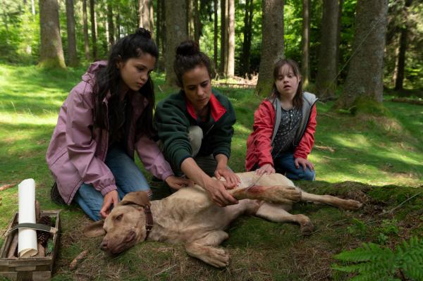 Bild 1 von 7: Dina (Maya Haddad, Mi.) versucht ihre Hündin Pari zu befreien. Ronja (Kaya Völkers, li.) und Toni (Anna Malner, re.) sind besorgt.