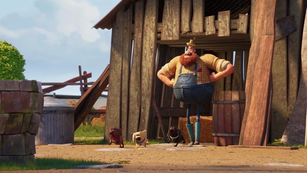 Bild 1 von 2: Die Coop Troop nimmt einen geheimen Liebesauftrag entgegen: Sie soll dem alleinerziehenden Papa-Hund Sam von Hundedame Bertha zu einer gemeinsamen Mahlzeit einladen, ohne zu verraten, dass sie es ist. Währenddessen geraten die Welpen in Schwierigkeiten, als der Bauer sie für verwaist hält und mitnimmt.