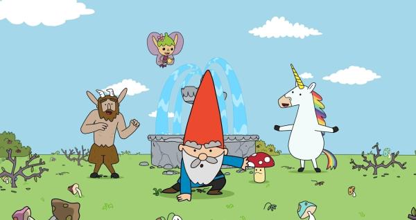 Bild 1 von 2: Die Freunde Hufius, Twinkle Tupfen und Blümchen staunen, denn Herbert (vorne) ist verjüngt! Er hat ein Schlückchen vom Jungbrunnenwasser getrunken.