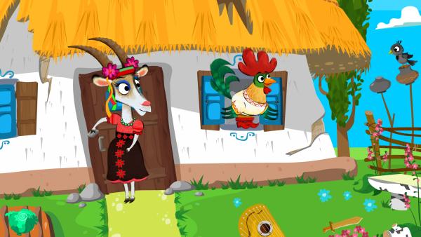 Bild 1 von 3: Die Ziege versucht den goldenen Gockel aus dem Haus zu locken.