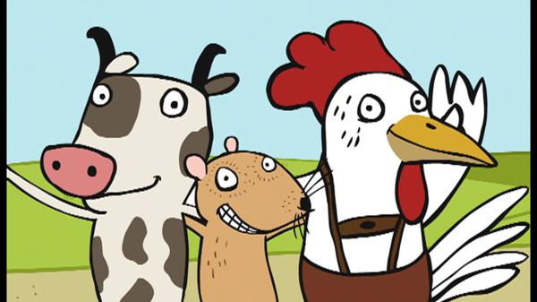 Bild 1 von 3: Eine Maus, ein Hahn und eine Kuh sind musikalisch auf Rollschuhen unterwegs.
