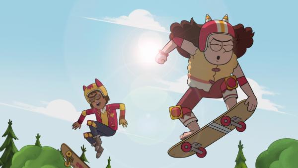 Bild 1 von 5: Ren und Gigi haben ungeahnt viel Spaß beim Skaten.© KiKA/2024 Daily Madness Limited/Miam! Animation/Thuristar/VRT-Ketnet - Honorarfreie Verwendung gemäß AGB im redaktionellen Zusammenhang mit genannter Sendung bei Nennung \