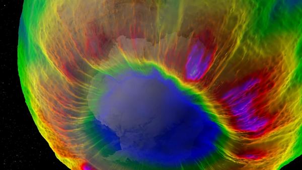 Bild 1 von 2: Farbvisualisierung der Atmosphäre: Eine Satellitenaufnahme zeigt die Strömungen und Temperaturunterschiede in der Erdatmosphäre - eindrucksvoll sichtbar gemacht durch farbcodierte Daten.