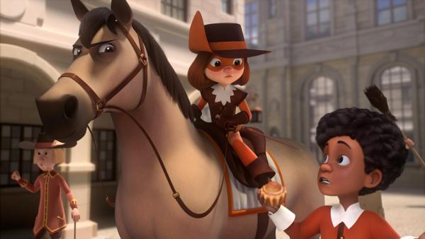 Bild 1 von 3: D'Artagnan (links) und ihrem Pferd Planchet gelingt es nicht, den blitzschnellen Dieb \