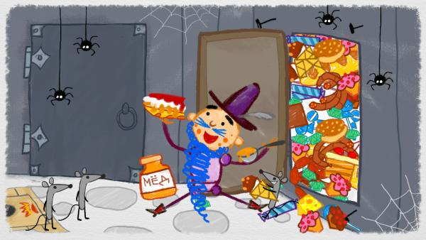 Bild 1 von 3: Blaubart isst die Süßigkeiten hinter der geheimen Tür.