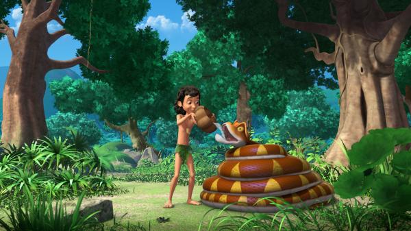 Bild 1 von 5: Kaa (re.) hat ganz schrecklichen Schluckauf, und Mogli (li.) versucht alles, damit er ihn wieder los wird.