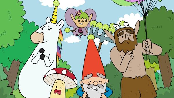 Bild 1 von 2: Das Einhorn Blümchen, der Fliegenpilz Tupfen, die Fee Twinkle, der Gartenzwerg Herbert und der Faun Hufius sollen dreißig Luftballons quer durch den Magic Forest befördern. Diese Mission ist mit allerlei Gefahren gespickt, darum sind sämtliche Spitzen gut gesichert.