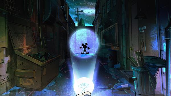 Bild 1 von 3: Weil Micky sich erschreckt, verliert er seine schwarze Farbe. Diese flieht nun vor dem komplett weißen Micky, der verzweifelt versucht, sie wieder einzufangen.