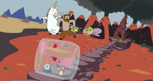 Bild 1 von 2: Auf der Mission, das geklaute städtische Marmeladenglas aus den Klauen des Koboldkönigs (hinten in der Mitte) zu befreien, kommandiert Hufius (oben in der Mitte) mit den Klängen der magischen Panflöte seine Freunde, Blümchen, Twinkle sowie Herbert und Tupfen herum.