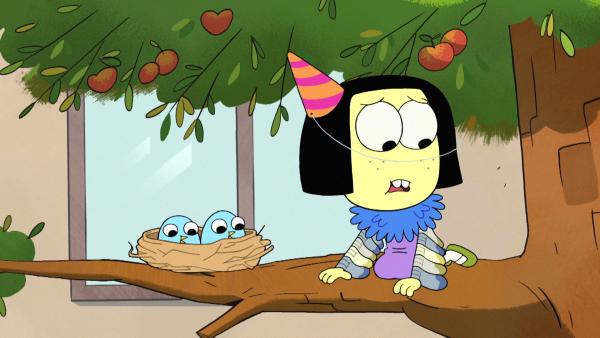 Bild 1 von 9: a) Bill nimmt die Familie mit auf einen Ausflug, der jedoch in einem Stau endet. b) Tilly findet ein Vogelnest, kümmert sich um die Eier und hofft, dass die Küken sie als Mutter annehmen.