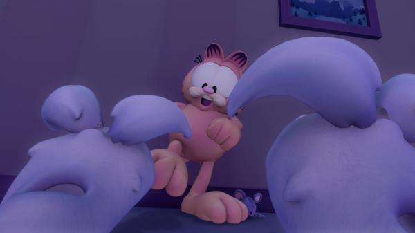 Bild 1 von 5: Mit Hilfe von zwei Mäusen und einem Paar Häschen-Pantoffeln versucht Garfield Tante Ivy zu vertreiben. Doch die Häschen-Pantoffeln scheinen auf einmal wirklich lebendig zu werden...