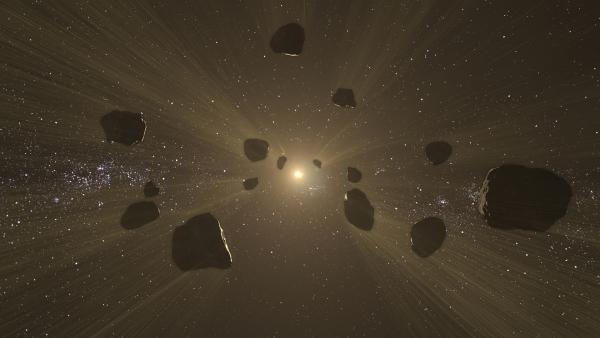 Bild 1 von 3: Jupiters Kraftfeld schleudert auch Asteroiden durchs Sonnensystem. Sie können für die Erde zur Bedrohung werden.