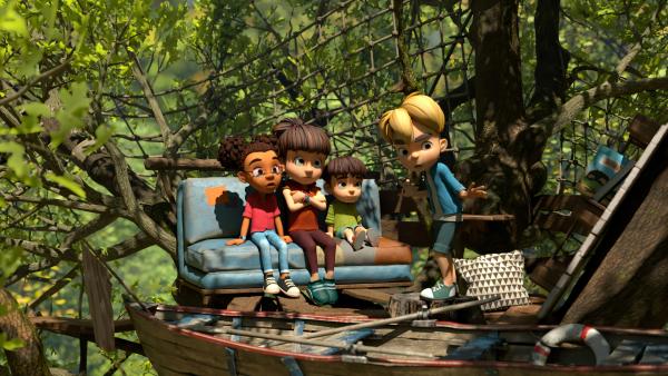 Bild 1 von 4: Raphael erzählt Lina, Bohnenstange und Kleiner Fuß von dem sagenumwobenen Schatz des Engländers.© ZDF/La Station Animation - Honorarfreie Verwendung gemäß AGB im redaktionellen Zusammenhang mit genannter Sendung bei Nennung \