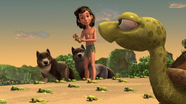 Bild 1 von 4: Mogli und seine Wolfsgeschwister sind zusammen mit den Schildkröten Uuh und Buh rechtzeitig auf der Insel angekommen - gerade als die Babyschildkröten aus den Eiern schlüpfen.