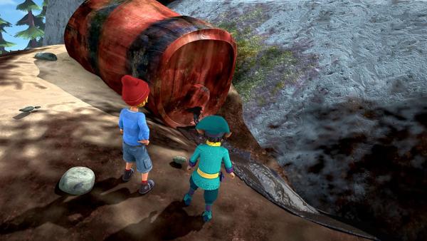 Bild 1 von 7: Nils und Morlo finden den Ursprung von Roburs Übel: ein leckendes Ölfass.