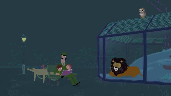 Bild 1 von 3: Eine schreiende Eule stört beim abendlichen Vorlesen für die Tiere. Wie können die Peeks die Eule zur Ruhe bringen?