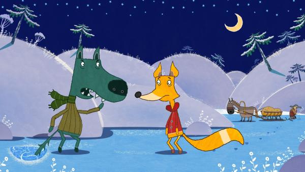 Bild 1 von 4: Der Wolf braucht Hilfe und sagt dem Fuchs, dass er den Fischer holen soll.