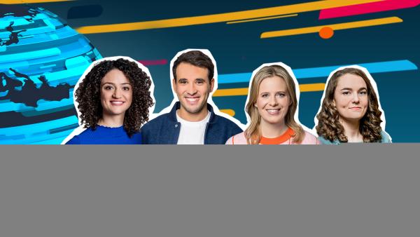 Bild 1 von 1: Die logo!-Moderator:innen (v.l.n.r.): Maral Bazargani, Sherif Rizkallah, Linda Fuhrich und Lotte Glatt