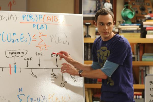 Bild 1 von 7: Sheldon (Jim Parsons) arbeitet an einem Algorithmus, um das Datum seines Todes zu berechnen.