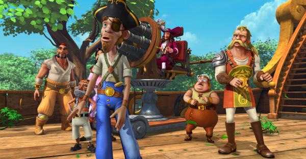 Bild 1 von 6: Die Piraten sind verblüfft, weil Peter Pan mutig auf sie zugeflogen kommt. Captain Hook will Peter abschießen, doch er weiß nicht, dass die Kinder ihm einen Streich gespielt und das Kanonenkatapult manipuliert haben.
