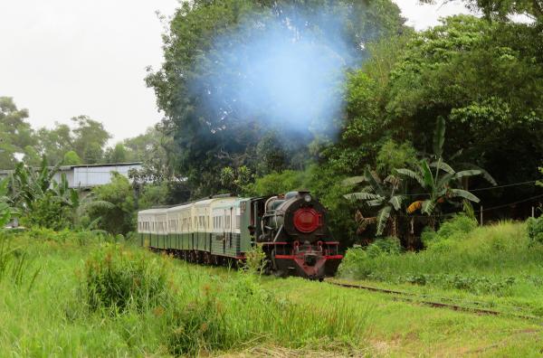 Bild 1 von 3: Eine Dampflok der englischen Vulcan Foundry aus den 50er Jahren steht vor den restaurierten Reisezugwagen der North Borneo Railway.