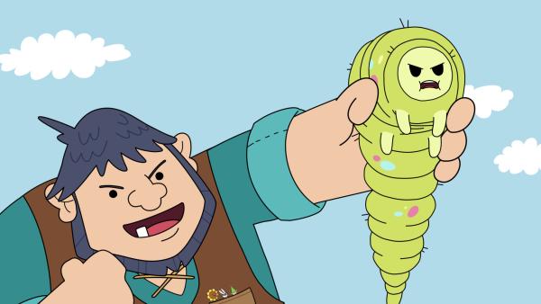 Bild 1 von 2: Der Riese Grackle (l.) erklärt sich selbst zum 'Taschenbiester-Meister'. Er nimmt das Spiel allzu wörtlich: Satt Spielkarten setzt er unter anderem den Großen Alten Wurm, den er in seiner Tasche gefangen gehalten hatte, im Spiel gegen die Helden ein.