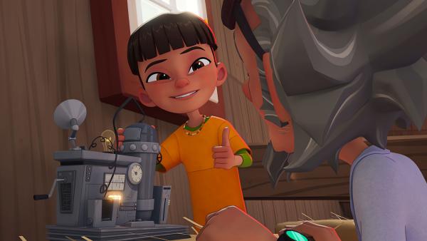 Bild 1 von 2: Enzo ist erleichtert, Tendo hat es geschafft, die Silver Machine zu reparieren.© KiKA/MACK Magic/Der Kinderkanal von ARD und ZDF, 2025- Honorarfreie Verwendung gemäß AGB im redaktionellen Zusammenhang mit genannter Sendung bei Nennung \