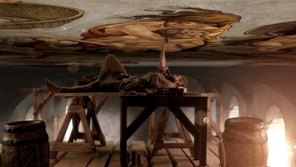 Bild 1 von 7: Vier Jahre sperrte Michelangelo (Jochen Paletschek) sich in der Sixtinischen Kapelle ein. Er arbeitet unter schlimmsten Entbehrungen fast Tag und Nacht, um ein Deckenfresko zu erschaffen, wie es die Welt bis dahin noch nicht gesehen hatte.