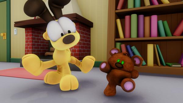 Bild 1 von 3: Mr. Allwork findet Pooky langweilig und beauftragt Professor Bonkers einen Robo-Pooky herzustellen. Natürlich bekommt Garfield als Dankeschön auch einen Robo-Pooky geschenkt. Odie tanzt eine Runde mit Robo-Pooky.