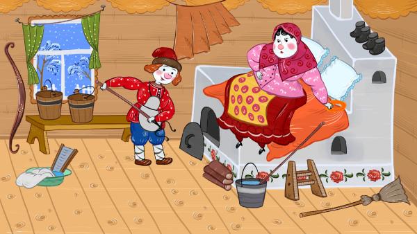 Bild 1 von 3: Emelya's Frau liegt auf dem Bett und schimpft Emelya.