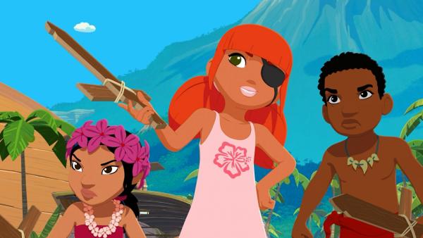 Bild 1 von 5: Marina und ihre Freunde Tevaiti und Onaku spielen Piratenbande. Doch dann taucht ein echtes Problem auf. Auru will Clarissa gesehen haben, die als Meerjungfrau durchs Wasser schwamm. Die Piratenbande macht sich zusammen mit Auru auf die Suche nach der Meerjungfrau.© ZDF/Media Valley/Marzipan Films - Honorarfreie Verwendung gemäß AGB im redaktionellen Zusammenhang mit genannter Sendung bei Nennung \
