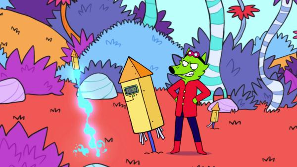 Bild 1 von 3: Mit einem lauten Feuerwerkskracher, will Professor Wolf den schlafenden Drachen aufwecken und auf die Superhelden hetzen.