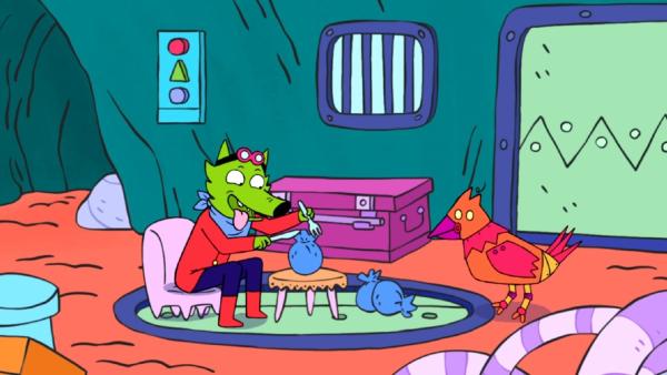 Bild 1 von 3: Professor Wolf (l.) hat den Robo-Vogel (r.) erschaffen, damit dieser die Samenbeutel der Superhasen-Gang stielt.