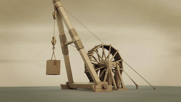 Bild 1 von 5: Illustration showing a Roman crane, a machine used for lifting heavy blocks of stone to build big structures like amphitheaters.