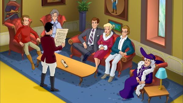 Bild 1 von 6: Der Graf hat die Familie zu einem Fest eingeladen und liest ihnen ein Rätsel des Schlossgründers Leo von Falkenstein vor.