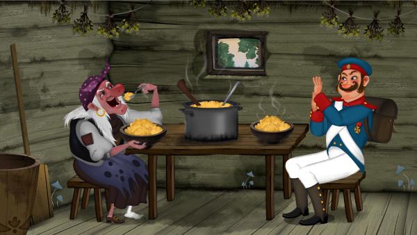 Bild 1 von 3: Die Hexe und der Soldat essen den Brei.