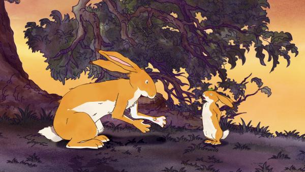 Bild 1 von 6: Der große braune Hase will dem kleinen Hasen zeigen, wie man mutig wird.© KiKA/SLR Productions Australia Pty.Ltd./Scrawl Studios Pte Ltd./hr/ARD - Honorarfreie Verwendung gemäß AGB im redaktionellen Zusammenhang mit genannter Sendung bei Nennung \
