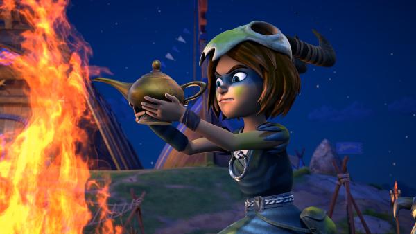 Bild 1 von 3: Stig möchte für ein bisschen Aufregung bei den Wikingern sorgen, die sich gerade langweilen. Dafür will er eine Dschinni aus ihrer Wunderlampe locken.