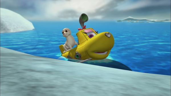 Bild 1 von 3: Bess rettet ein Seehundbaby, das hilflos auf einer Scholle getrieben ist.