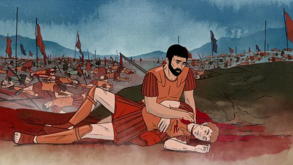 Bild 1 von 6: Die 300 schwulen Krieger der Heiligen Schar von Theben sind besiegt. Sie werden ehrenvoll am Ort ihrer letzten Schlacht begraben.