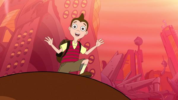 Bild 1 von 7: Milo stellt sich der Sphäre des Unheils, während Melissa, Zack, Cavendish, Dakota, Perry und Doofenshmirtz mit Hilfe der Aliens versuchen, ihren Freund zu retten.