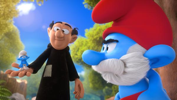 Bild 1 von 6: Im Wald begegnen sich Papa Schlumpf und Gargamel - immer noch im Körper des jeweils anderen.
© KiKA/Peyo Productions, Dupuis Édition & Audiovisuell 2020 - Honorarfreie Verwendung gemäß AGB im redaktionellen Zusammenhang mit genannter Sendung bei Nennung \
