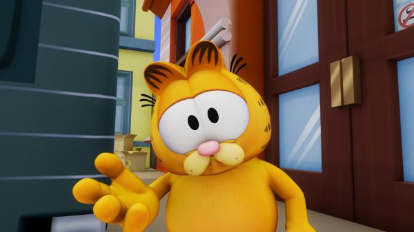 Bild 1 von 3: Garfield hat beim Anschlag auf Nermal sein Gedächtnis verloren. Jetzt durchwühlt er als räudige Straßenkatze in den Hinterhöfen die Mülltonnen nach Essbarem.