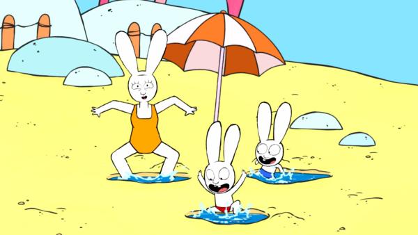 Bild 1 von 3: Am Strand führen Franz (r.), Simon (M.) und Omi (l.) einen lustigen Regenbogentanz mit passendem Gesang auf.