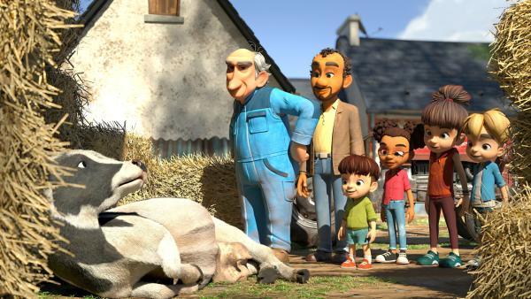 Bild 1 von 6: Gemeinsam mit Linas Vater darf die Dorfbande bei Bauer Ludwig die Geburt eines Kälbchens miterleben.© ZDF/La Station Animation - Honorarfreie Verwendung gemäß AGB im redaktionellen Zusammenhang mit genannter Sendung bei Nennung \