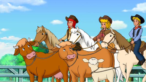 Bild 1 von 7: Bibi (M.), Tina (l.) und Tim (r.) trainieren für das große Westernturnier.