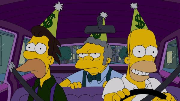 Bild 1 von 3: Homer (r.), Moe (M.), Carl und Lenny (l.) haben den Jackpot der wöchentlichen Ziehung der Springfield-Lotterie geknackt. Doch als Carl, der das Geld abholen wollte, nach mehreren Stunden nicht auftaucht, werden die Männer plötzlich nervös ...