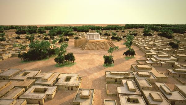 Bild 1 von 10: Der Glaube versetzt Berge: Die monumentale Tempelanlage von Uruk zeugt von der Antriebskraft der Religion. Eine wissenschaftliche 3D-Rekonstruktion.