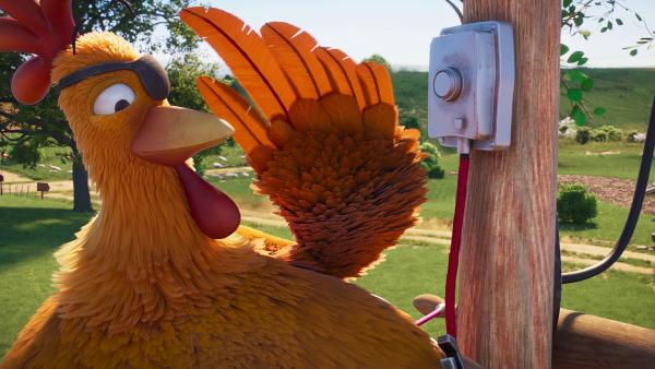 Bild 1 von 1: Huhn Flo im Einsatz: sie repariert die Telefonleitung, die von einem Sturm zerstört wurde.© KiKA/KiKA/2022 Sixteen South/Mikros Animation IP/Tencent - Honorarfreie Verwendung gemäß AGB im engen inhaltlichen redaktionellen Zusammenhang mit genannter Sendung bei Nennung \